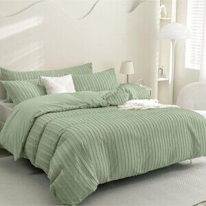 Queen Size Light Sage Green Boho Tufted Striped Duvet Cover Set